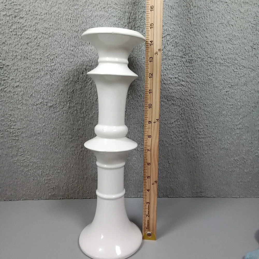 White‎ Glossy Ceramic Tiered Pillar Candle Holder Tall Sculptural Modern 15.5